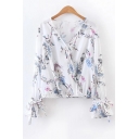 Chic Floral Printed Plunge Neck Long Sleeve Bow Tie Cuff Pullover Blouse