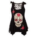 Floral Skull Printed Bow Tie Straps Sheer Mesh Patched  Asymmetrical T-Shirt