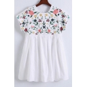 Lace-Up Back Round Neck Short Sleeve Chic Floral Embroidered Mini A-Line Dress