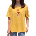 Retro Floral Letter Embroidered Round Neck Short Sleeve Casual T-Shirt