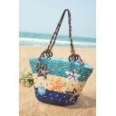 Summer's Fresh Printed Color Block Holiday Beach Straw Handbag