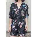 Plunge Neck Short Sleeve Floral Printed Casual Loose Beach Rompers