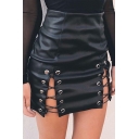 New Arrival Grommet Lace-Up Side PU Plain Mini Bodycon Skirt