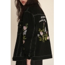 Retro Letter Floral Embroidered Lapel Collar Long Sleeve Buttons Down Denim Coat