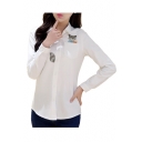 Cute Embroidery Squirrel Pattern Long Sleeve Single Breasted Shirt with One Pocket