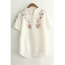 V Neck Buttons Down Short Sleeve Chic Floral Embroidered Pullover Blouse