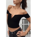 Hot Fashion Sexy Off The Shoulder Short Sleeve Plain Cropped Tee