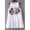 Fashion Round Neck Sleeveless Floral Embroidered Mini A-Line Tank Dress