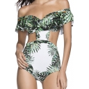 New Arrival Off the Shoulder Ruffle Front Cutout Waist Leaves Printed One-Piece Swimwear