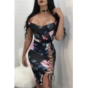 Sexy Off The Shoulder Short Sleeve Retro Floral Printed Lace-Up Side Bodycon Dress