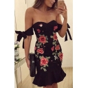 Chic Floral Embroidered Off The Shoulder Tie Sleeve Fishtail Hem Midi Bodycon Dress