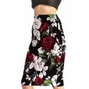 Women's Elegant Floral Color Block Printed Midi Bodycon Skirt