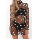 New Fashion Sheer Mesh Patched Floral Embroidered High Neck Long Sleeve Mini Dress