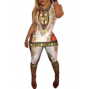 New Fashion Tribal Printed Round Neck Sleeveless Tank Top with Half Pants