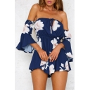 Sexy Off The Shoulder Flared Sleeve Floral Printed Casual Loose Rompers