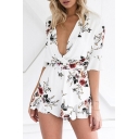 Chic Floral Printed Plunge Neck Half Sleeve Wide Legs Holiday Rompers