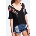 New Fashion Chic Floral Embroidered Plunge Neck Short Sleeve Loose Tee