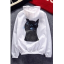 Cute Cartoon Cat Fish Bone Printed Hooded Long Sleeve Zipper Placket Sun-Proof Coat