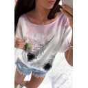 Hot Fashion Summer's Feather Printed Round Neck Short Sleeve Loose T-Shirt