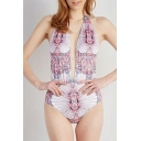 Women's Floral Printed Halter One-Piece Swimwear