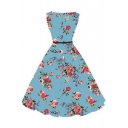 Chic Vintage Sleeveless Floral Printed Boat Neck Midi A-Line Dress