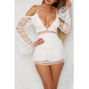 New Stylish Cold Shoulder Spaghetti Straps Plunge V-Neck Long Sleeve Lace Hollow Out Plain Rompers
