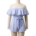 Fashion Striped Ruffle Front Short Sleeve Off the Shoulder Belt Waist Rompers