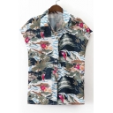 New Arrival Tropical Style Floral Printed Lapel Collar Cap Sleeve Shirt