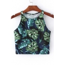 Green Leaves Pattern Round Neck Sleeveless Cropped Tank Tee