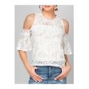 Round Neck Fashion Cold Shoulder Flared Sleeve Sexy Cut Out Lace Pullover Blouse