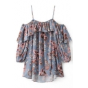 Floral Printed Cold Shoulder Spaghetti Straps Half Sleeve Pullover Blouse