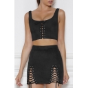 Fashion Lace Up Front Sleeveless Scoop Neck Cropped Tank with Mini Skirt Plain Co-Ords