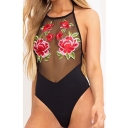 Sheer Mesh Floral Embroidered Halter Neck Sleeveless One Piece Swimwear