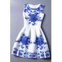 Blue Floral Printed Round Neck Sleeveless Mini A-Line Dress
