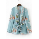 New Arrival Chic Floral Printed Long Sleeve Tie Waist Blazer Coat