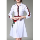 Lapel Collar Long Sleeve Buttons Down Floral Embroidered Midi Chic A-Line Shirt Dress