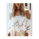 Hot Fashion Off The Shoulder Short Sleeve Chic Lace Hollow Out Cropped Blouse