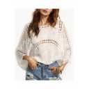 Casual Leisure Lace Hollow Out Boat Neck Batwing Sleeve Plain Pullover Blouse