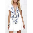 Plunge Neck Lace-Up Front Short Sleeve Floral Printed Mini A-Line Dress