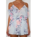 Floral Printed Spaghetti Straps Cold Shoulder Elastic Waist Casual Rompers