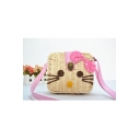 Lovely Bow Embellished Cartoon Cat Printed Leisure Straw Shoulder Bag