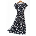 Leisure Floral Printed Round Neck Short Sleeve Drawstring Waist Midi Dress with Two Pockets