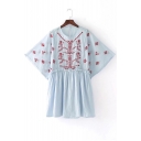 Chic Embroidered Round Neck Batwing Sleeve Mini A-Line Dress