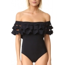 New Stylish Hollow Out Ruffle Front Off the Shoulder Plain One-Piece Swimwear