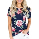 Hot Fashion Retro Floral Printed Round Neck Short Sleeve Pullover Tee