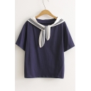 Color Block Tie Collar Short Sleeve Fake Two-Piece Casual T-Shirt