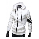 Unisex Drawstring Hooded Striped Long Sleeve Zip Up Hoodie Sweatshirt