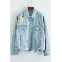 Chic Floral Embroidered Lapel Collar Long Sleeve Buttons Down Denim Coat