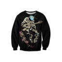 3D Astronaut Playing Guitar Pattern Round Neck Long Sleeve Pullover Sweatshirt