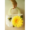 Lovely Peasant Style Floral Bee Embellished Holiday Beach Weave Straw Handbag